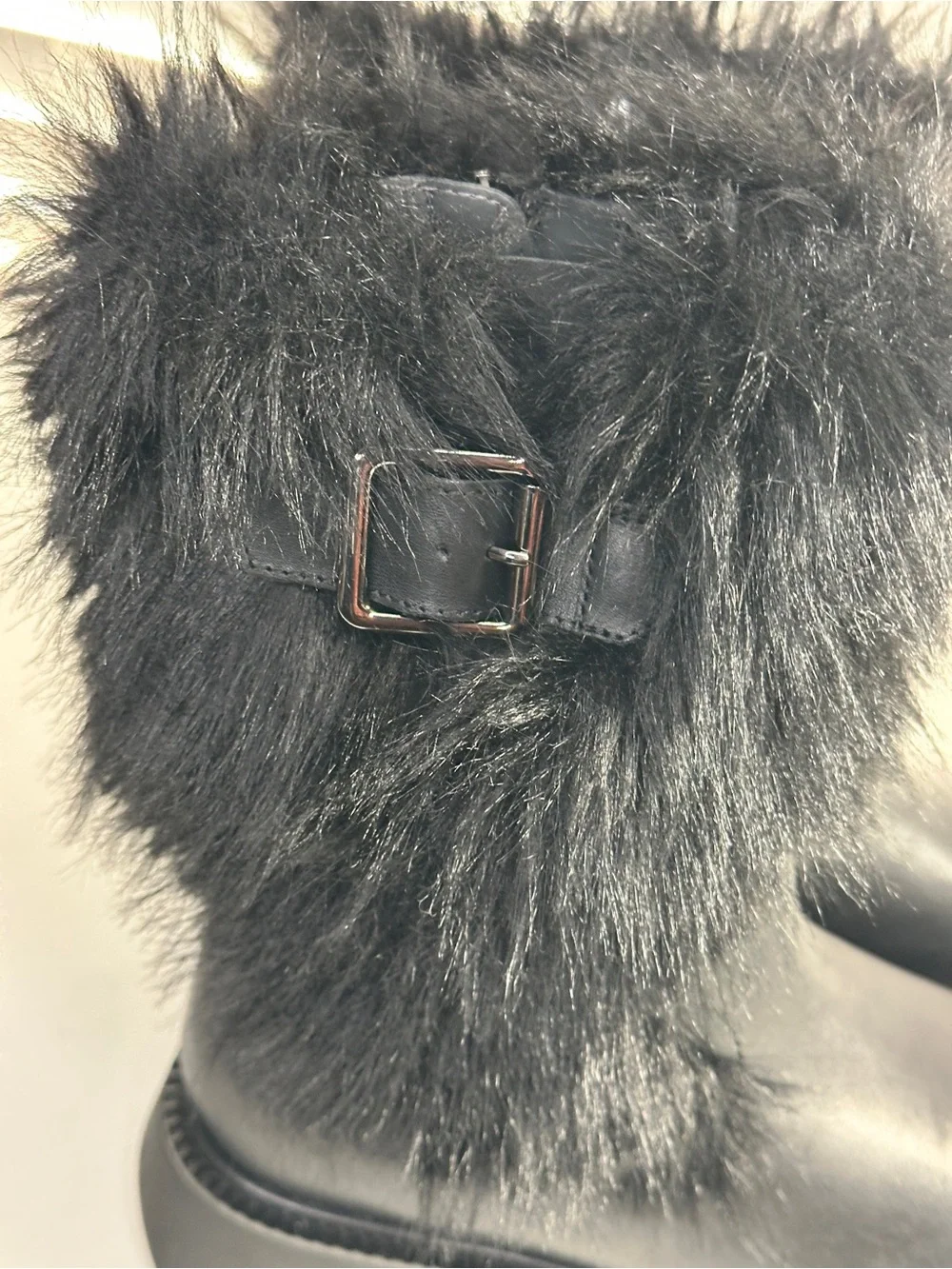 Franco Sarto Brina Black Leather Faux Fur Lug Sole Boots. 6.5M